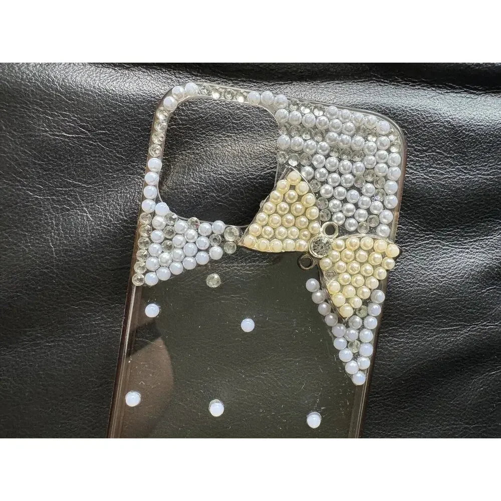 iPhone 12 Pro Max Cell Phone Case Pearl Clear White Bow Coquette Rhinestone